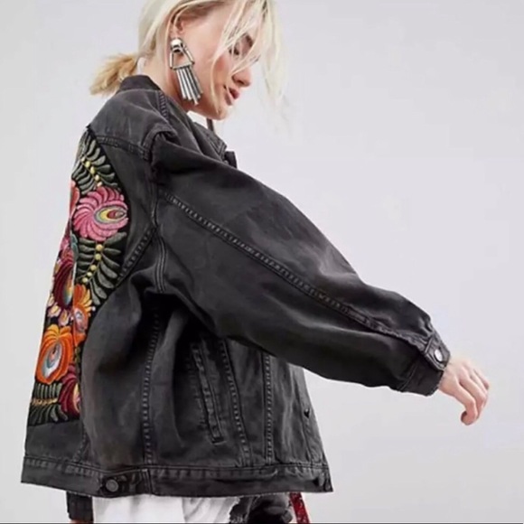 Black Boho Embroidered Oversized Denmin Jacket - Picture 2 of 8